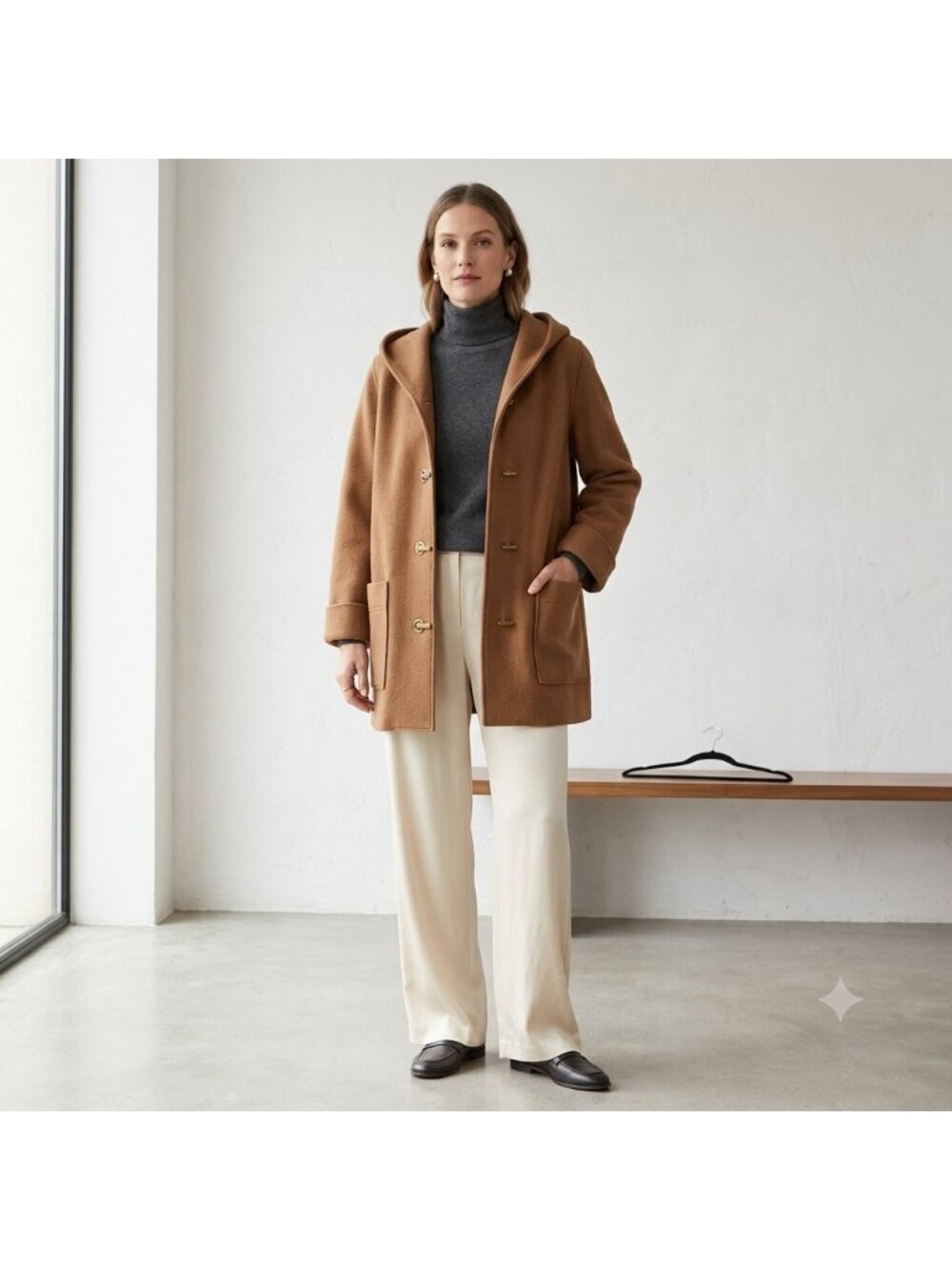 VTG Jones New York Signature Wool Blend Coat Womens S Hooded Camel Brown Clasp - Picture 2 of 16